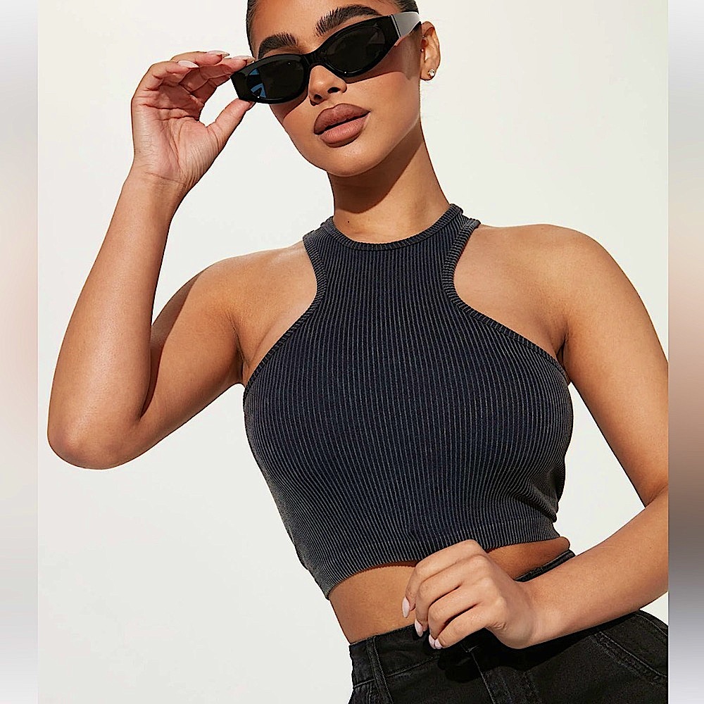 New Ribbed Black-Wash Cropped Top